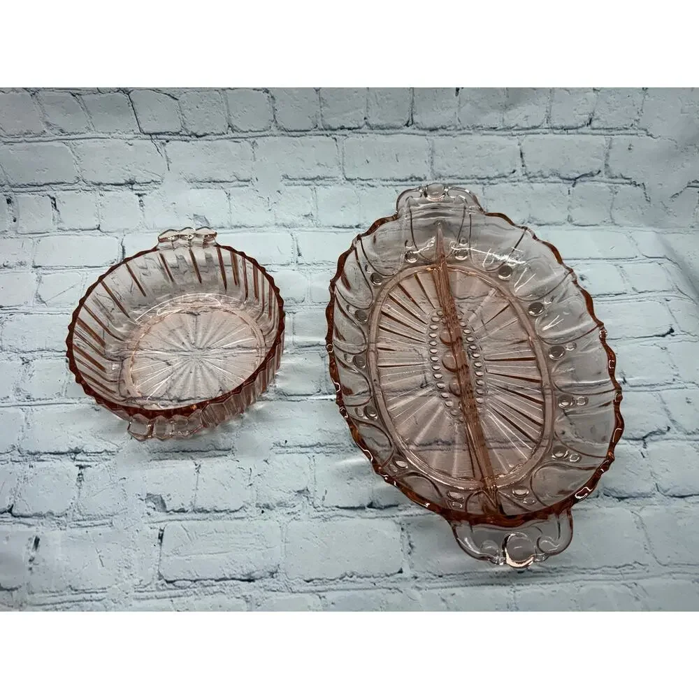 Anchor Hocking Pink Depression Glass Oyster & Pearl Divided Oval Dish & Bowl